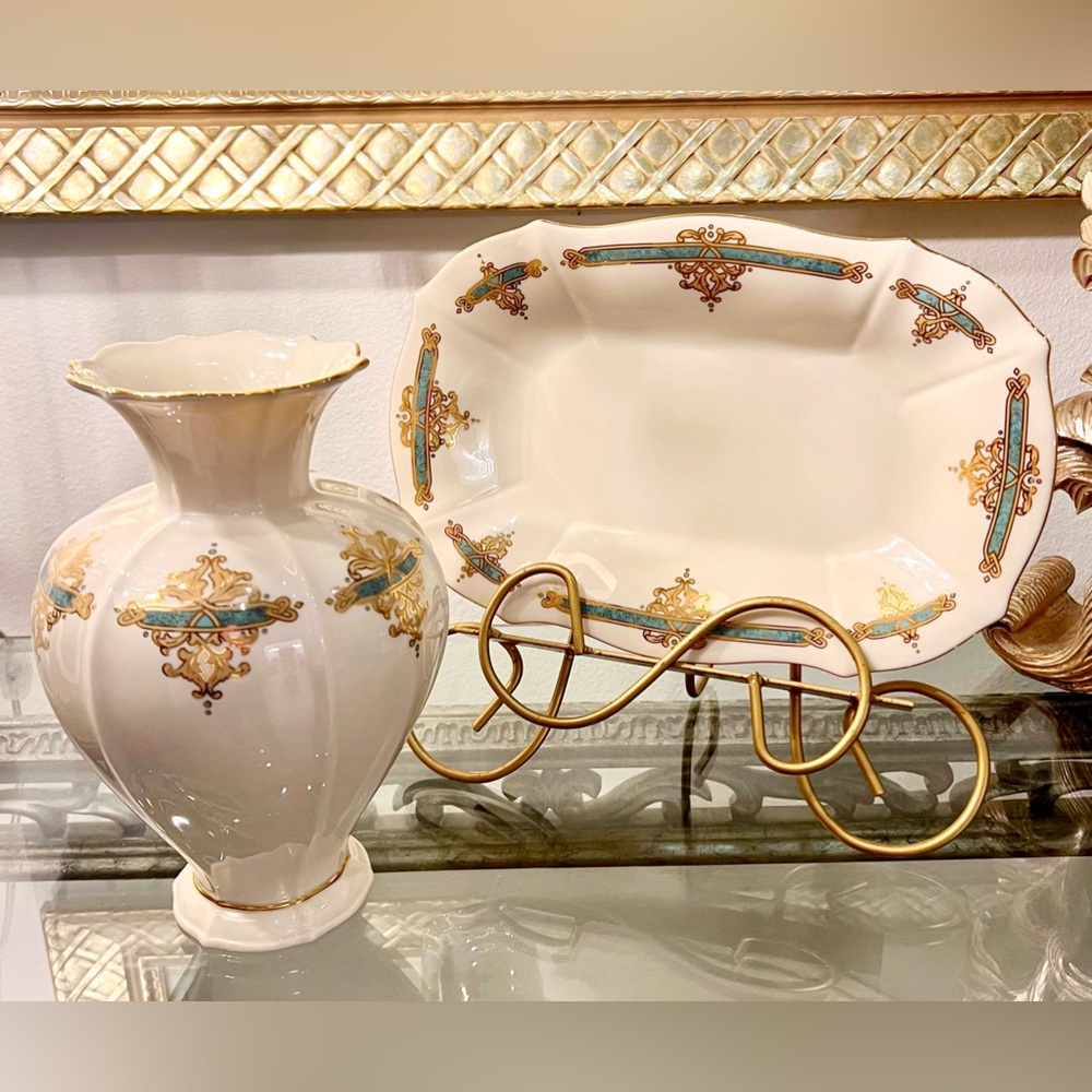 Vintage Lenox Catalan Collection Porcelain Vase With Serving Tray 24k Gold Trim